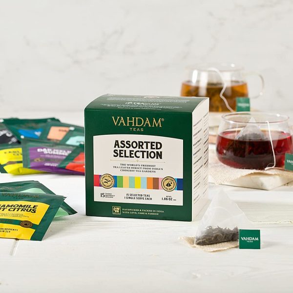 VAHDAM, Migliori te assortiti per san valentino | 15 Tisane Assortite bustine | The Nero di Alta Qualit??, T?? Verde, T?? Oolong, Tisane e Chai Set t?? | Cofanetto Tisane - immagine 4