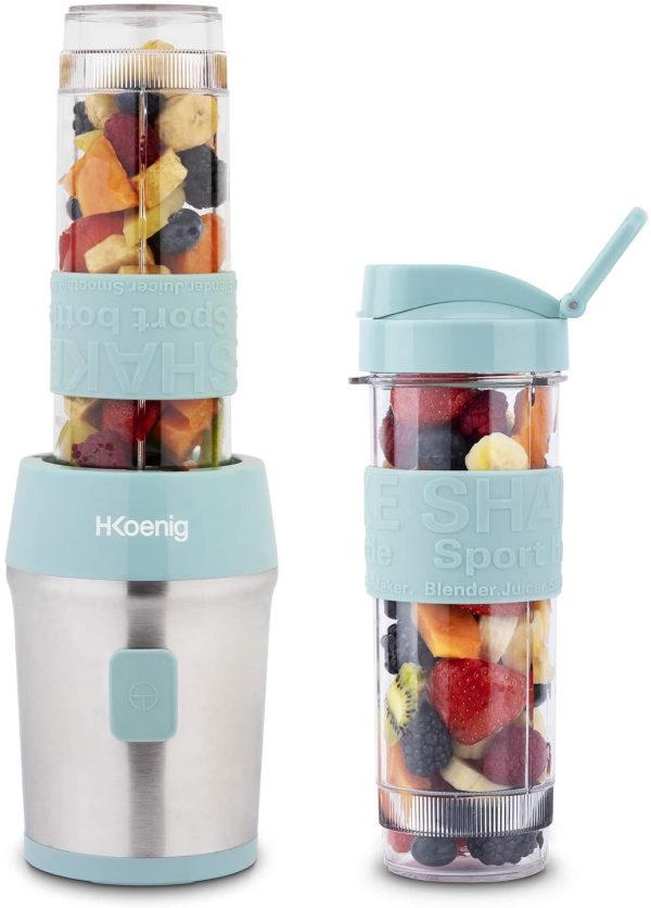 H.Koenig Mini frullatore portatile SMOO16,Compatto 570ml,Senza BPA,4 Lame Inox,300W,2 Bottiglie Portatili,2 Coperchi da Viaggio,Mixer per Smoothie - immagine 4