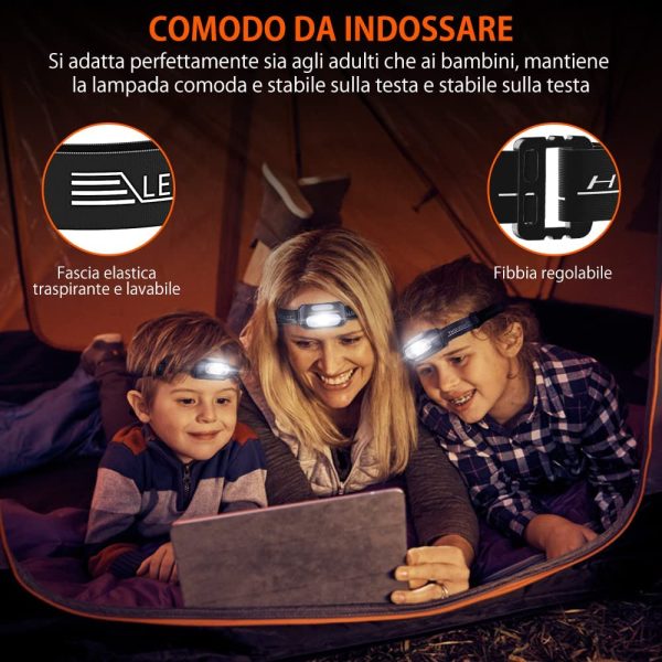 Torcia Frontale, Lampada Frontale LED Ricaricabile con 5 Modalit?? di Illuminazione, 200 Lumen, IPX4 Impermeabile, Regolabile Leggero Lampada da Testa per Corsa, Pesca, Trekking, Campeggio - immagine 5