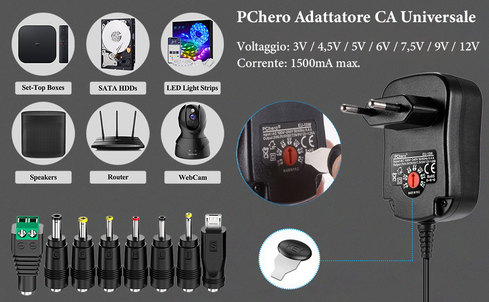 alimentatore universale regolabile caricatore universale 3v 4,5v 5v 6v 7,5v 9v 12v 1,5a ac dc