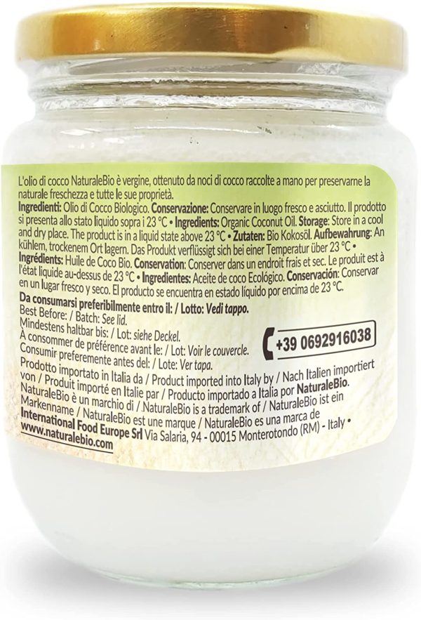 Olio di Cocco Biologico Vergine 200 ml. Crudo e Spremuto a Freddo. Organico e Naturale. Bio Nativo e non Raffinato. Origine Sri Lanka. NATURALEBIO - immagine 3