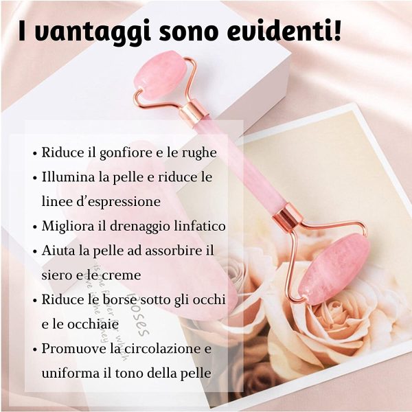 Set con Rullo di Giada e Gua Sha Originale - Roller per Massaggio Viso in Quarzo Rosa Naturale al 100%, Multifunzione Rilassante, Rimodellante e Anti-et?? - Design autentico, Durevole, Silenzioso - immagine 2