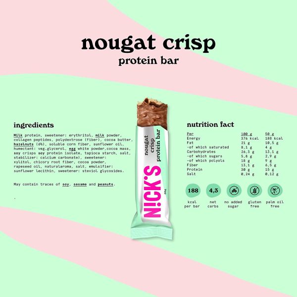 NICKS Mix di Barrette Proteiche, Keto Proteico Snack Bar 4g Net Carbs, 15g Proteine di 5g Collagene Senza Zucchero Aggiunti Low Carb Barretta Senza Glutine (9x50 g - Protein) - immagine 7