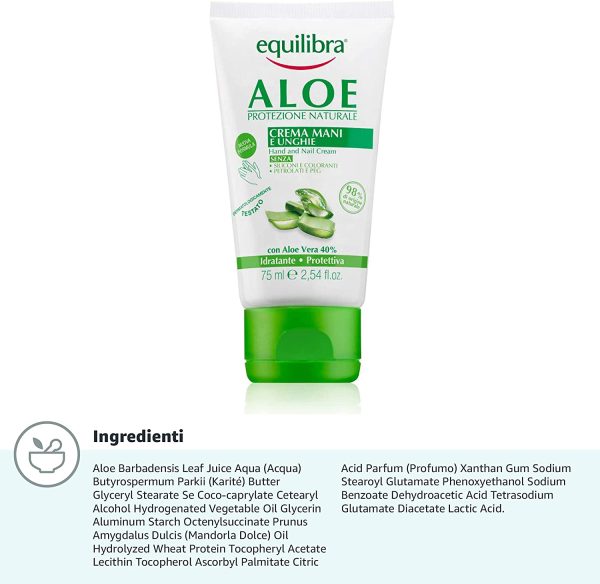 Equilibra Corpo, Aloe Crema Mani e Unghie, Crema Mani a Base di Aloe Vera, Svolge un'Azione Idratante, Lenitiva, Protettiva e Riequilibrante sulla Pelle, Rapido Assorbimento, 75 ml - immagine 2