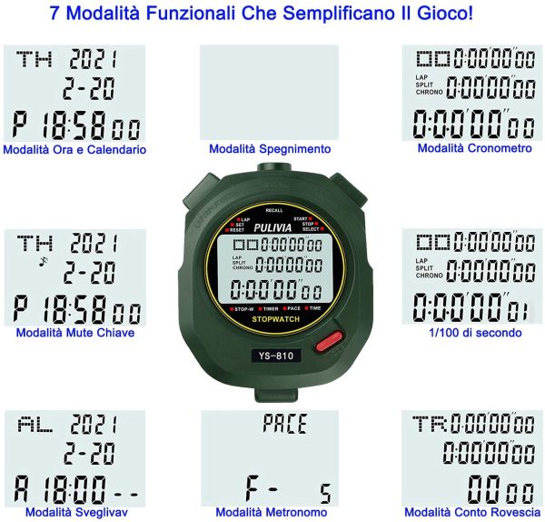 PULIVIA Cronometro Sportivo, Digitale Cronometro Sportivo Conto alla Rovescia Orologio, 12/24 Ore Calendario Sveglia, Adatto a Nuoto Corsa Allenamento Calcio Allenatori Attrezzatura Arbitro - immagine 6