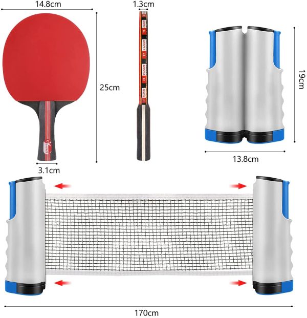 XDDIAS Set da Ping Pong,Professionale Tennis da Tavolo Racket Set , Racchetta/Pagaia + Palline/Sfere + 1 Regolabile Rete per attivit?? All'aperto al Coperto - immagine 2