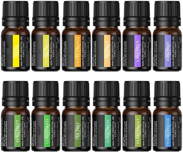 Olio Essenziale Aromaterapia - Set di olio puri al 100%, 12 ?? 5 ml, Lavanda, Arancia dolce, Albero del t??, Eucalipto, Citronella, Menta piperita, Bergamotto, Limone, Rosmarino, Ylang-ylang, ecc. - immagine 4