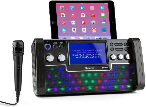 DiscoFever LED - Impianto Karaoke, per Bambini, Bluetooth, 2 Connessioni Microfono, 1 Microfono Dinamico, Effetti LED, Lettore CD+G, Porta USB, Uscita Video, Nero - immagine 2