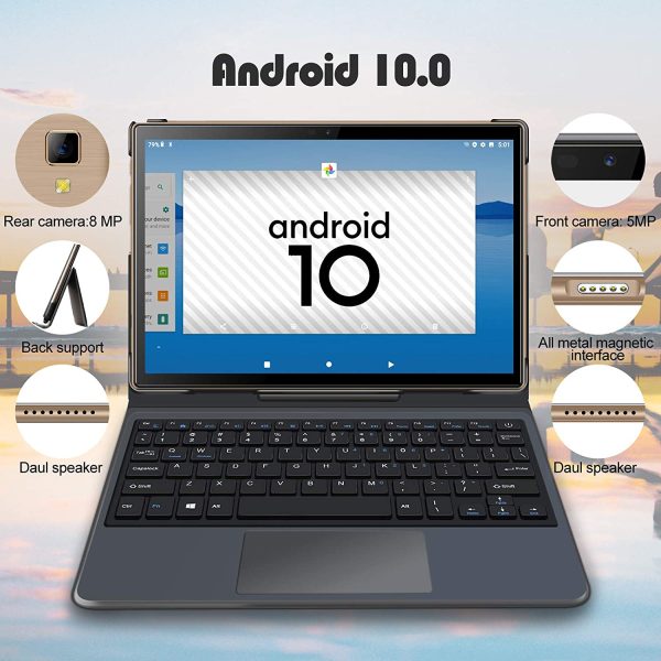 Andriod 11 Tablet,  10 Pollici Tablet PC 2 in 1 con Exclusive Magnetic Keyboard, Octa cores, FHD 1920 * 1200, 6000mAh,64G ROM Tablet Kit-Oro - immagine 3