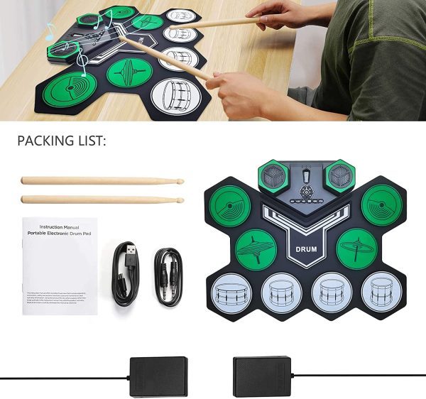 Batteria Elettronica, 9 Praticare Drum Pads con 2 Bacchette Pedali, Portatile Tavolo Pieghevole Digitale Tamburo Set, Adatto a Bambini, Adulti e Principianti - immagine 6