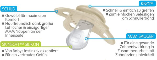 Istruzioni in lingua straniera - MAM Elements - Set di 2 ciucci simmetrici e ortodontici in silicone SkinSoft, forma adatta per l'allattamento, con scatola per ciuccio, 0-6 mesi, colore: beige/menta - immagine 3