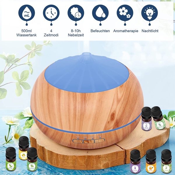 Diffusore di Oli Essenziali Umidificatore Ultrasuoni: 500ML Diffusore di Aromi con 8x10ml Oli Essenziali - Diffusore Ambienti Legno con 7 Colori LED Vaporizzatore Elettrico per Casa Ufficio Spa Yoga - immagine 2