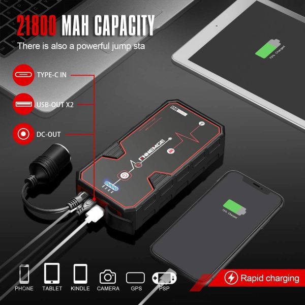 FNNEMGE Avviatore Batteria Auto, 2000A 21800mAh Avviatore Emergenza per Auto(Motori Fino a 8.0L Benzina/ 6.5L Diesell) 12V ,Avviatore di emergenza, Jump Starter,Torcia a LED con QC3.0 Porte USB - immagine 7