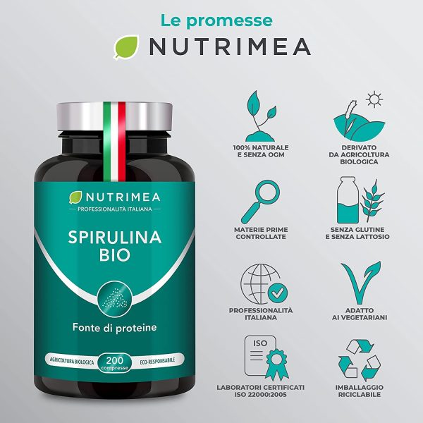 Nutrimea Spirulina BIO | Nuovo! | 200 Compresse Con Proteine Vegetali | Alga Naturale | Fonte di Energia | Resistenza | Sistema Immunitario Potenziato | Nutrimea - immagine 6