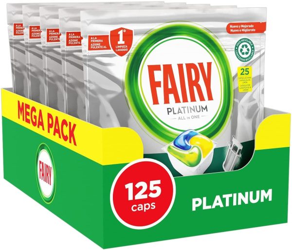 Fairy Platinum Pastiglie Lavastoviglie, 125 Lavaggi, 5 x 25 Capsule Lavastoviglie, Detersivo Lavastoviglie al Limone, con Sistema di Prelavaggio Integrato, Efficace nei Cicli Ecologici - immagine 2