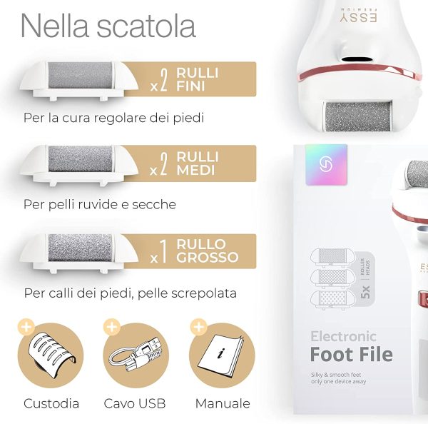 Pedicure Elettrico Professionale Piedi Calli Talloni Screpolati Lima Elettrica per Piedi Togli Calli Pelle Secca Dura Esfoliante Kit per Calli e Duroni con 5 Rulli Ricambio Electric Foot File - immagine 8