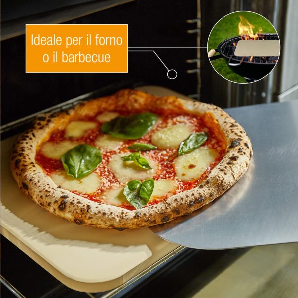 Amazy Pietra refrattaria per pizza da forno, incl. Pala in bamb??, Carta da forno riutilizzabile e Ricettario ?CPietra pizza dal sapore italiano (38x30x1,5cm) - immagine 3