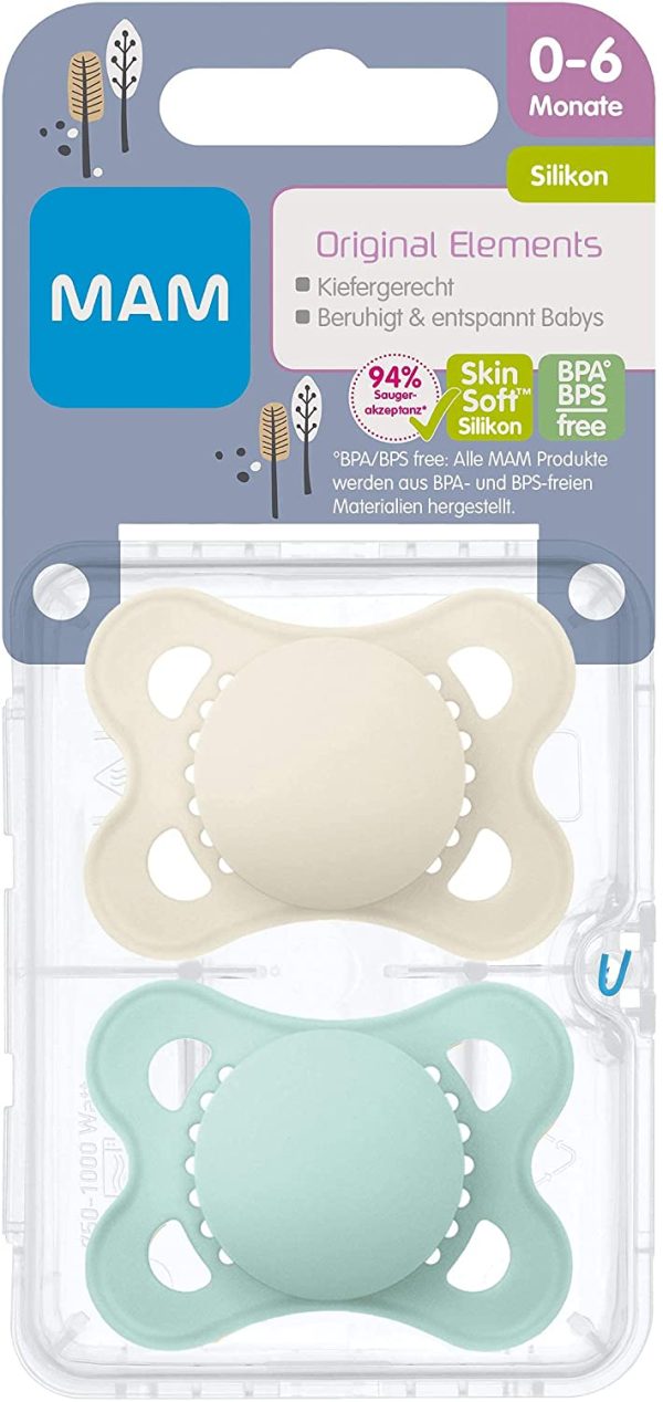 Istruzioni in lingua straniera - MAM Elements - Set di 2 ciucci simmetrici e ortodontici in silicone SkinSoft, forma adatta per l'allattamento, con scatola per ciuccio, 0-6 mesi, colore: beige/menta - immagine 5