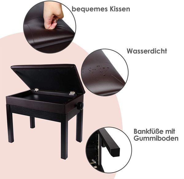 PU-Sgabello per pianoforte regolabile in pelle con imbottitura impermeabile e spazio aggiuntivo per musica, marrone e nero (55 x 33 x 48 cm) - immagine 6