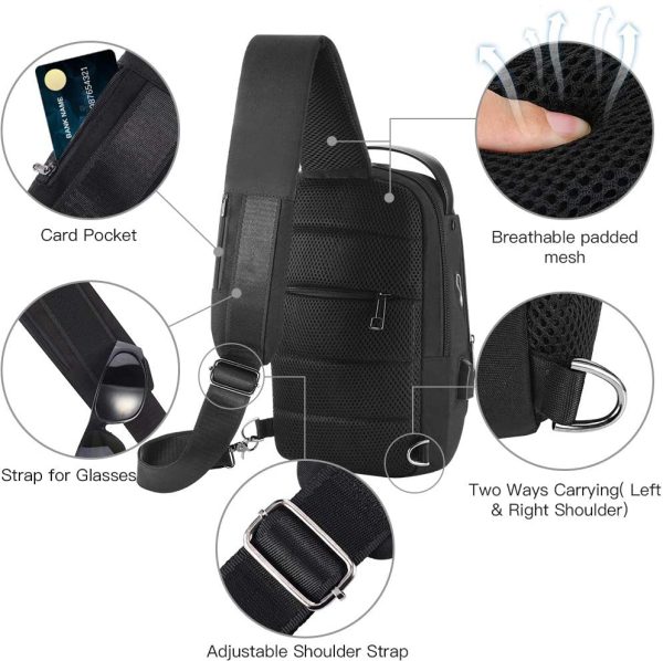 Borsa Uomo Tracolla Zaino Monospalla - Borsello Petto Impermeabile Borse a Spalla Antifurto con Ricarica USB Sling Bag Nero Piccolo Elegante per Lavoro Scuola Trekking Ciclismo