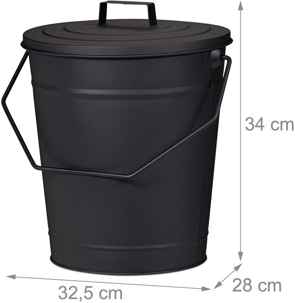 Secchio per Cenere con Coperchio, per Raffreddare & Trasportare Carbone Bollente, Camino & Stufa, 12 l, Nero, Acciaio, 1 Pz - immagine 3