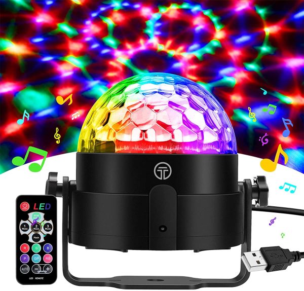 Luci Discoteca, 7 RGB Colori Musica Attivata Luce Discoteca Palla con 4 M Cavo USB, Telecomando, Rotazione a 360?? Lampada da Discoteca per Natale, Feste, Bar, Club, Car, Regalo per Bambini - immagine 2