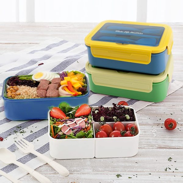 BIBURY Porta Pranzo,Lunch Box Prova di Perdite per Bambini e Adulti,Bento Box con 3 Scomparti e Posate(Forchetta e Cucchiaio),Portapranzo senza BPA,Sicuri per Microonde e Lavastoviglie - blu e giallo - immagine 3