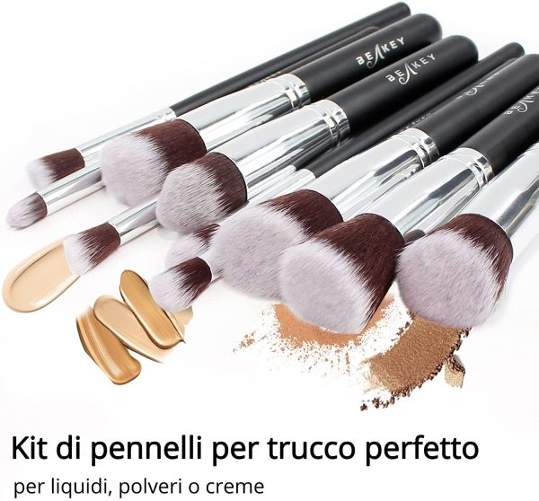 Pennelli Make Up BEAKEY Premium Synthetic Set di Pennello da Trucco Fondazione Cipria Fard Ombretto Kit con Pennelli Trucco (10 + 2 Pezzi Nero/Argento) - immagine 4