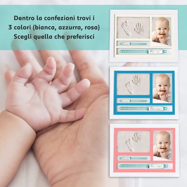 MUBY, CORNICE IMPRONTE NEONATO mani e piedi e PORTA BRACCIALI DI NASCITA |3 Passepartout inclusi| Idea Regalo nascita e battesimo bambino e bambina, Cornice da Tavolo e da Parete, Kit impronte neonato - immagine 8