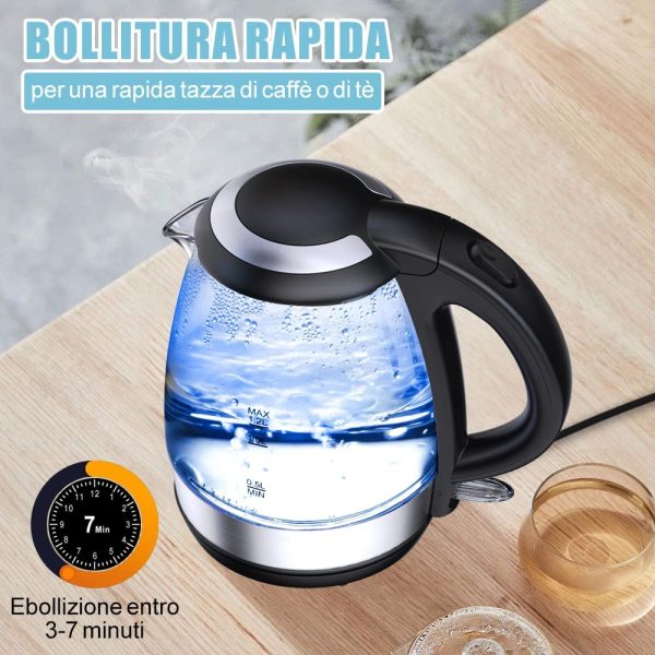 Bollitore Acqua Elettrico, 1.2L, 1500W Bollitore Elettrico in Vetro Con Luce Led a Riscaldamento Rapido , Spegnimento Automatico e Protezione Boil-Dry, BPA Free, Teiera Elettrica da Appoggio - immagine 5