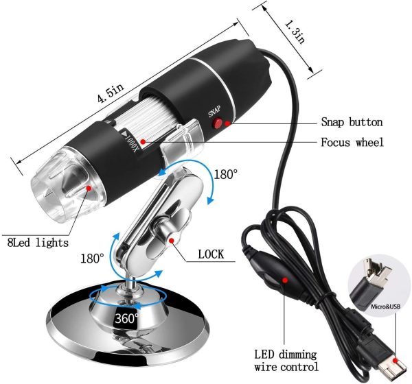 40 a 1000 x ingrandimento USB microscopio digitale endoscopio, 8 LED USB 2.0, mini videocamera con adattatore OTG e metallo supporto, compatibile con Mac e Windows 7 8 10 Android Linux - immagine 2