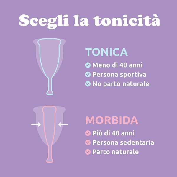 Rainbow Cup, Coppetta Mestruale Made in Italy in Silicone Medicale Senza Lattice e Additivi, Comoda, Ecologica, Sicura, in pi?? Varianti, Coppetta Mestruale Morbida, Colore Ciclamino, Taglia 1 - immagine 5