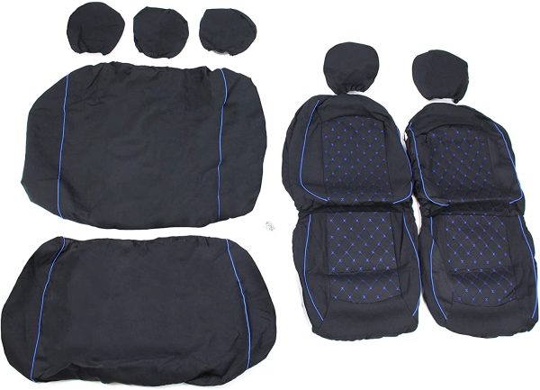 Set Copri-Sedili Auto Universale Nero Blu Trapuntato. Anteriori e Posteriori, Elasticizzati, Antiscivolo e Lavabili. Accessori Auto Interno. Coprisedili Nero con ricami blu. - immagine 6