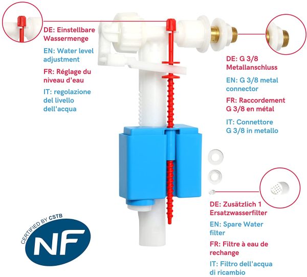 Valvola di Riempimento Universale per WC di Risciacquo 3/8 Ugello in Ottone, Valvola a Galleggiante per lo Sciacquone, Gratis Filter, 5 Anni di Garanzia del produttore - immagine 5