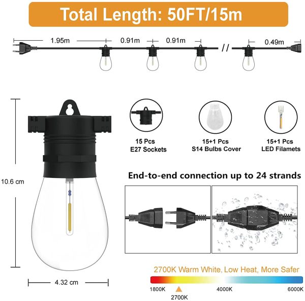 Catena Luminosa Esterno 15 Metri,  S14 Catena di Lampadine per Esterno con 15+1 Plastica Infrangibile LED Lampadine, Impermeabile IP65 per Esterni Interni Giardino Terrazza Gazebo