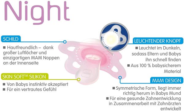 Istruzioni in lingua straniera - MAM Night Ciuccio in set da 2 pezzi, ciuccio luminoso, particolarmente morbido per un rapido accettazione con scatola di trasporto sterilizzata, dino/luna - immagine 4