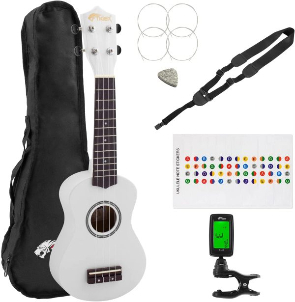 TIGER UKEKIT-WH Pacchetto Ukulele per principianti, Ukulele soprano, accordatore, tracolla, adesivi, corde di ricambio e plettro in feltro - Bianco - immagine 2