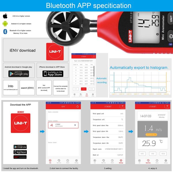 Uni-T UT363BT - Mini Anemometro Bluetooth digitale portatile con termometro e max/min per la raccolta dati meteo e sport all'aria aperta windsurf vela con display LCD retroilluminato - immagine 8