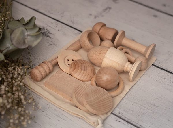 Cestino dei Tesori Montessori, 14 Oggetti in Legno per Bambino Fatto a Mano, Giocattoli Bebe +6 Mesi - immagine 6