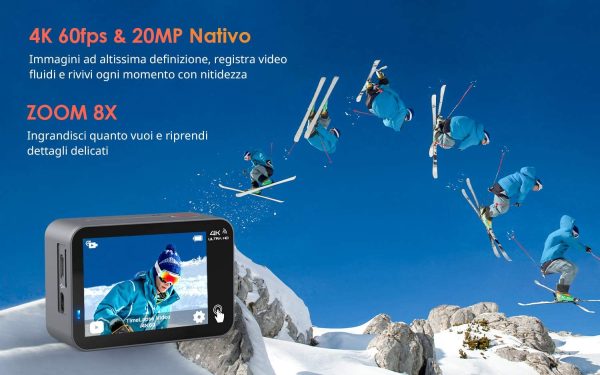 Action Cam Nativo 4K 60fps 20MP Touch Screen Wi-Fi videocamera con Zoom 8X Nuova EIS Anti-Shake, Custodia fotocamera subacquea Impermeabile 40m, Regolabile Microfono Esterno, 2x1350mAh Batterie - immagine 6