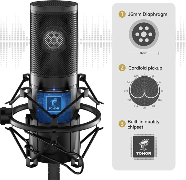 TONOR USB Microfono di Registrazione a Condensatore per Computer Desktop per Laptop MAC o Windows Microfono Cardioide per Conversazione Studio di Registrazione YouTube Voice Over - immagine 4