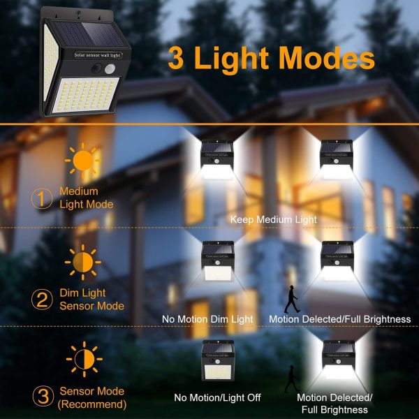 Luce Solare Led Esterno - 4 Pezzi 144 LED Faretti Solari a LED da Esterno,3 Modalit?? Luci Solari Esterno Sensore di Movimento,IP65 Impermeabile Faretto esterno solare Lampada per Giardino Faro Parete - immagine 5