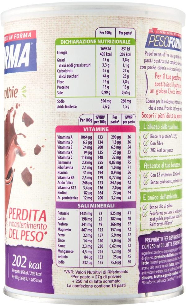 Pesoforma Choco Smoothie, Pasto Sostitutivo per la perdita e controllo del peso, 16 pasti, 202 Kcal a pasto - immagine 6