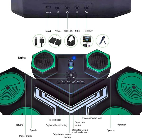 Batteria Elettronica, 9 Praticare Drum Pads con 2 Bacchette Pedali, Portatile Tavolo Pieghevole Digitale Tamburo Set, Adatto a Bambini, Adulti e Principianti - immagine 5