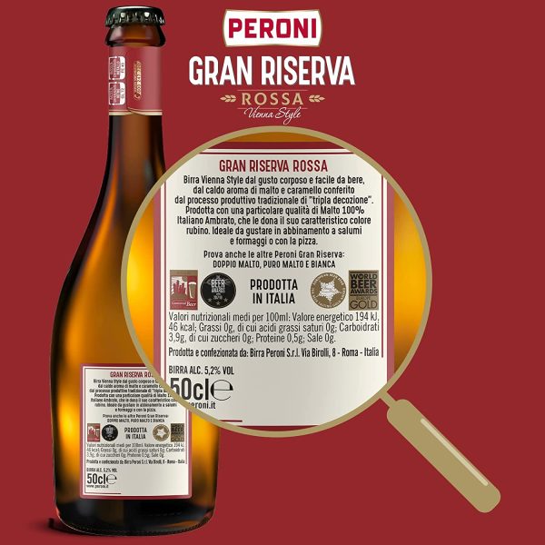 Peroni Birra Gran Riserva Rossa, Cassa Birra con 12 Birre in Bottiglia da 50 cl, 6 L, Birra Rossa Tipo Vienna Style dal Gusto Corposo con Aroma di Malto e Caramello, Gradazione Alcolica 5.2% Vol