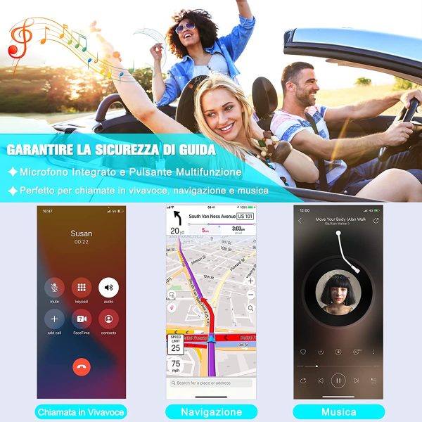 Ricevitore Bluetooth 5.0, Cancellazione del Rumore Adattatore Aux Bluetooth, Bluetooth Auto Aux per Stereo Casa, Cuffie Cablate, Chiamate in Vivavoce (16 Ore di Riproduzione/Dual Link) - immagine 7