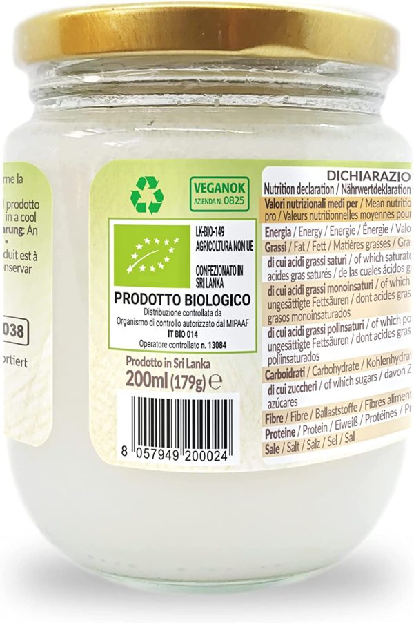 Olio di Cocco Biologico Vergine 200 ml. Crudo e Spremuto a Freddo. Organico e Naturale. Bio Nativo e non Raffinato. Origine Sri Lanka. NATURALEBIO - immagine 6