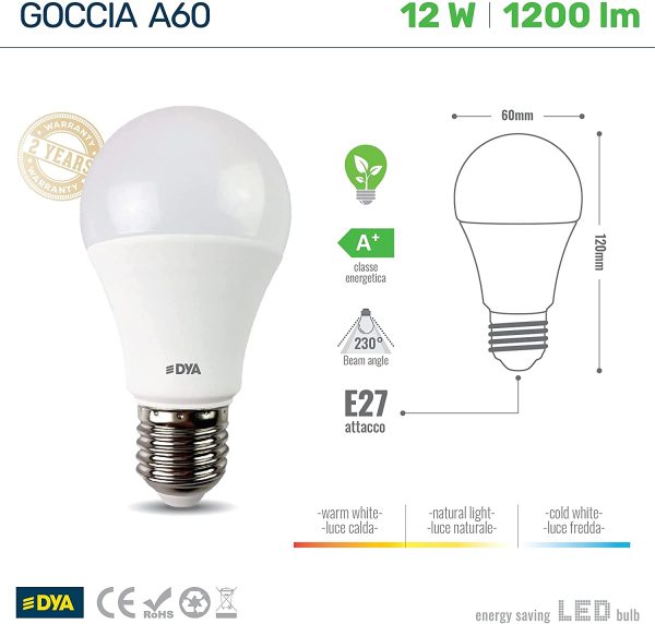 SET di 10 LAMPADINE LED  GOCCIA A60, Attacco E27 - LUCE CALDA 3000K - 12W EQUIVALENTI A 100W - immagine 4