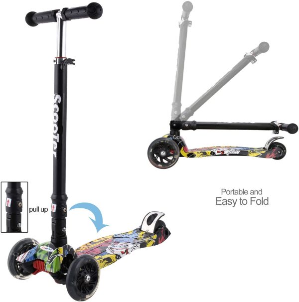 Profun Monopattino Pieghevole con 4 Ruote PU Luminose, Manubrio Regolabile Scooter con Graffiti per Ragazze e Ragazzi dai 3 agli 12 Anni,Carico Massimo 55KG