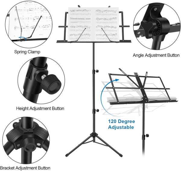 MARTISAN Leggio Musicale Robusto Portatile e Pieghevole Leggio in Metallo, Altezza Regolabile Leggio, Leggero e Compatto per Riporre o Viaggiare con la Borsa per il Trasporto, Nero - immagine 2